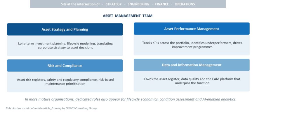 Diagram of the four role clusters in a utility asset management team: strategy and planning, performance management, risk and compliance, and data and information management.