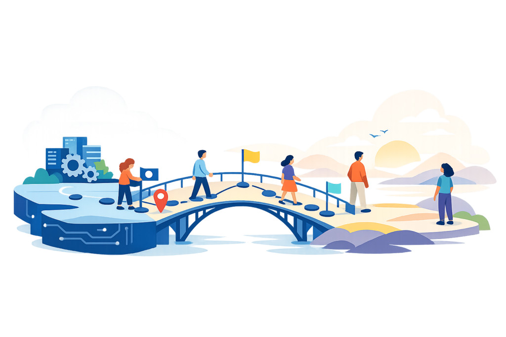 Brug met stappen illustreert onze roadmap