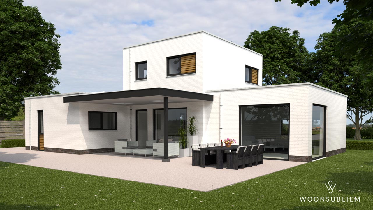 Rechter achteraanzicht van een kubistische villa levensloopbestendig in Doetinchem met strakke volumes en terras.