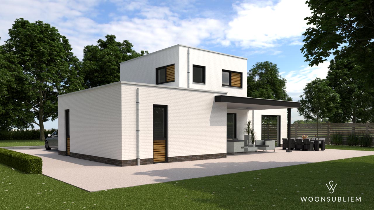 Achterzijde van een kubistische villa levensloopbestendig in Doetinchem met overdekt terras en moderne witte gevel.