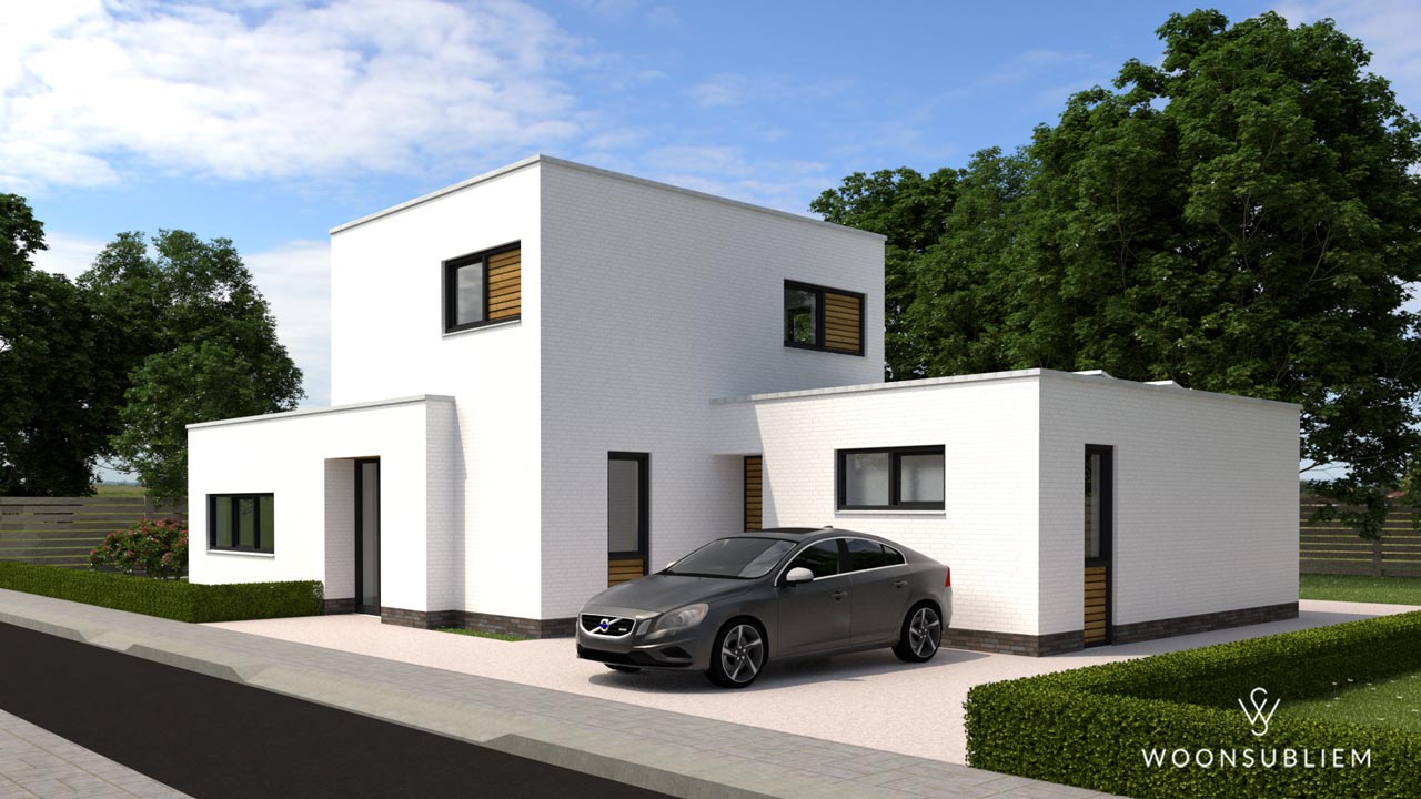 Linker vooraanzicht van een kubistische villa levensloopbestendig in Doetinchem met witte baksteen en houten details.
