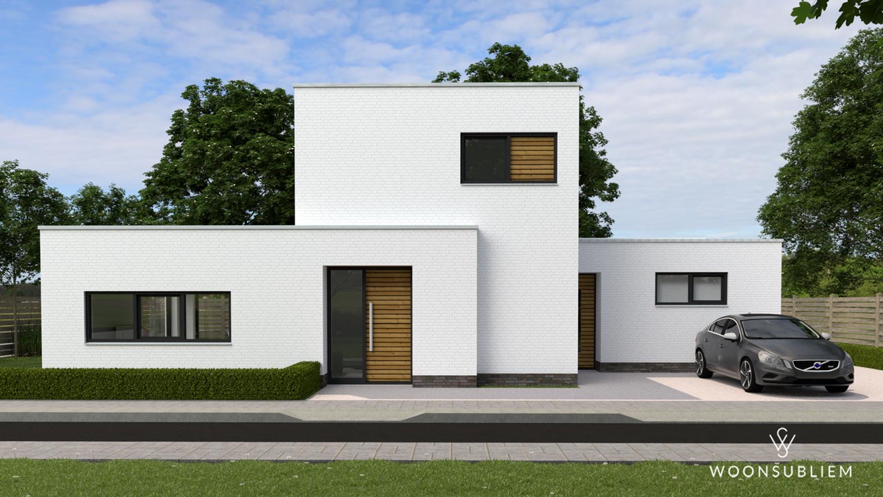 Voorgevel van een kubistische villa levensloopbestendig in Doetinchem met strakke witte gevel en houten accenten.
