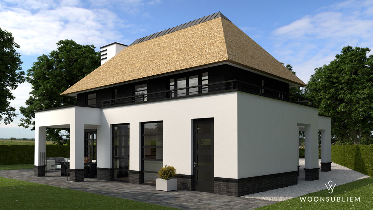 Modern herenhuis ontwerp – linkerzijde met carport Moderne villa in Doetinchem met carport en rieten dak