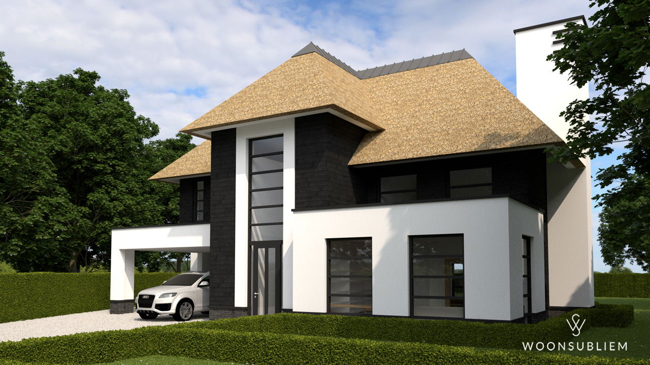 Modern herenhuis ontwerp – rechteraanzicht villa Doetinchem Rechteraanzicht modern herenhuis ontwerp met zwarte gevel en wit stucwerk