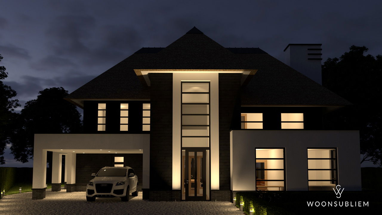 Modern herenhuis ontwerp – voorgevel avondimpressie Moderne herenhuis villa in Doetinchem met rieten dak en avondverlichting