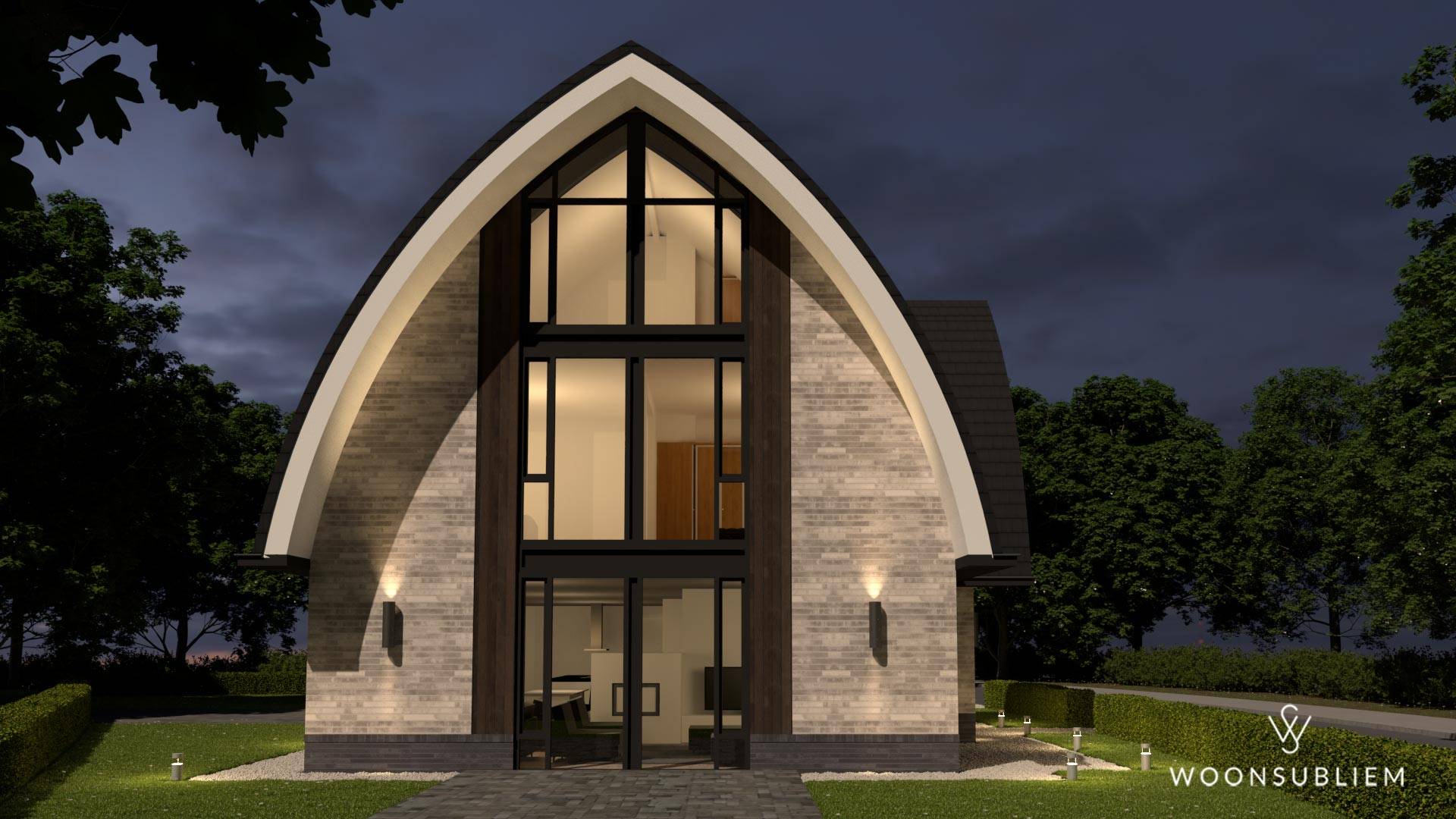 Exclusieve villa met toogdak en modern metselwerk in Blaricum, avondimpressie.