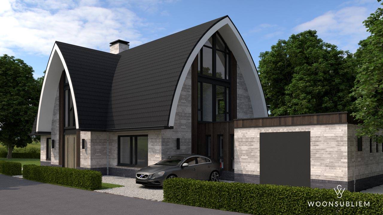 Moderne zwart-witte villa in Almere met strakke lijnen, grote raampartijen en opvallende schoorsteen, ontworpen voor een luxe en eigentijdse uitstraling.