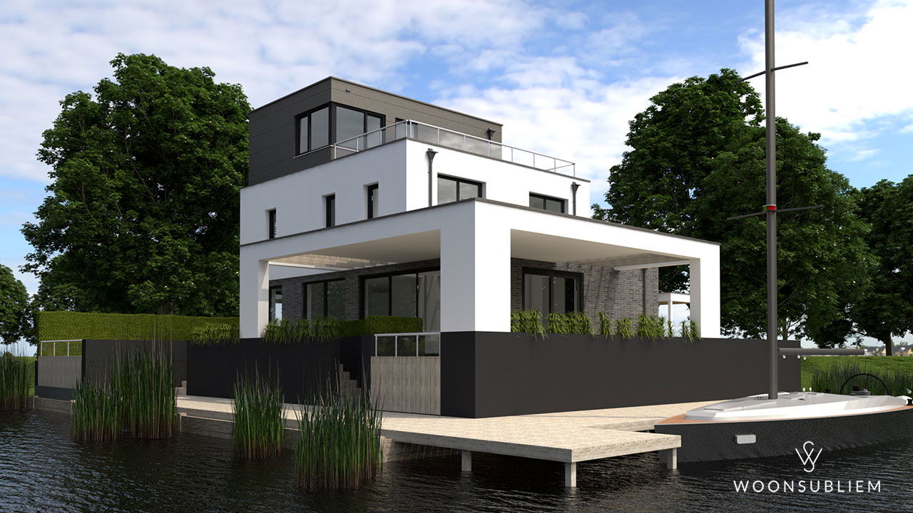 Moderne kubistische villa in Almere met strakke lijnen en uitzicht over het water