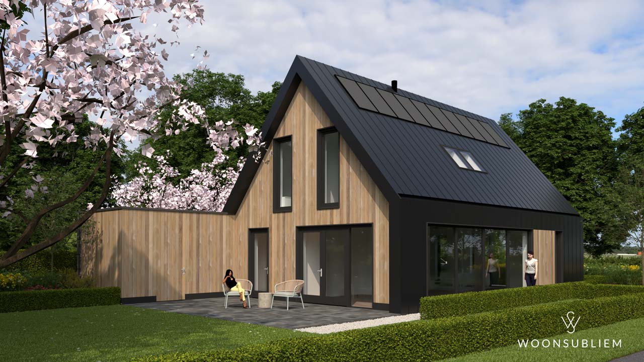 Stoere schuurwoning Veghel rechtsachter gezien met terras en glaspartijen
