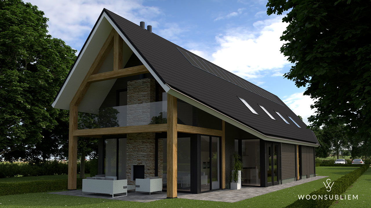 Moderne schuurwoning met eiken spanten, grote glasgevel en overdekt terras – maatwerk ontwerp door WoonSubliem