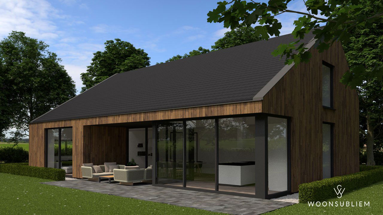 Moderne schuurwoning met houten gevelbekleding, grote glaspartijen en overdekt terras – ontworpen door WoonSubliem