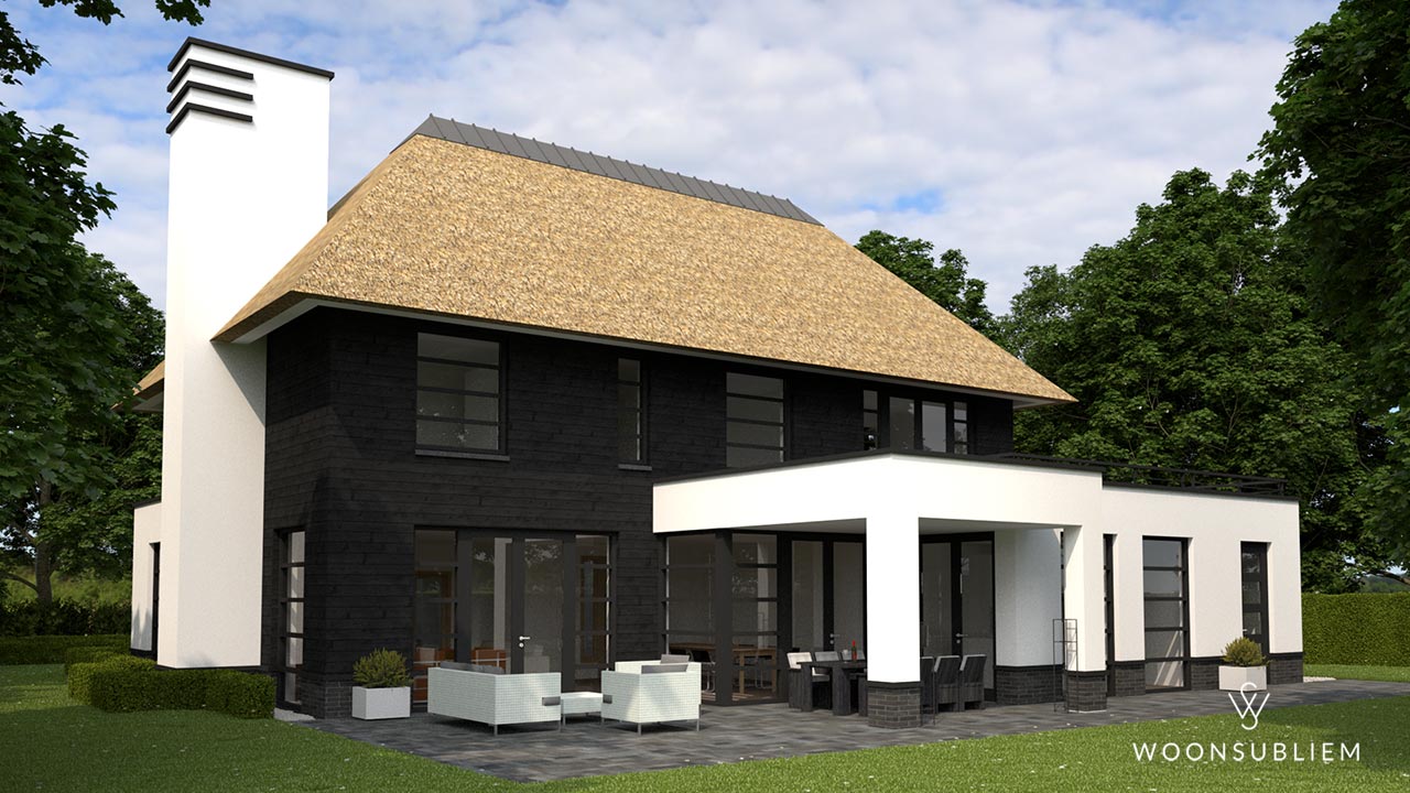 Modern herenhuis ontwerp – terras en achtergevel detail Luxe terras bij modern herenhuis ontwerp in Doetinchem