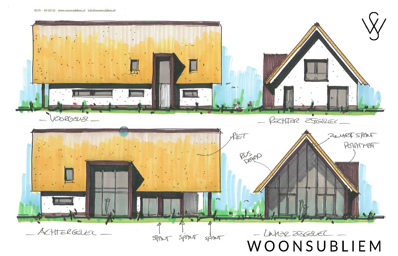 schetsontwerp van witte schuurwoning met rieten kap