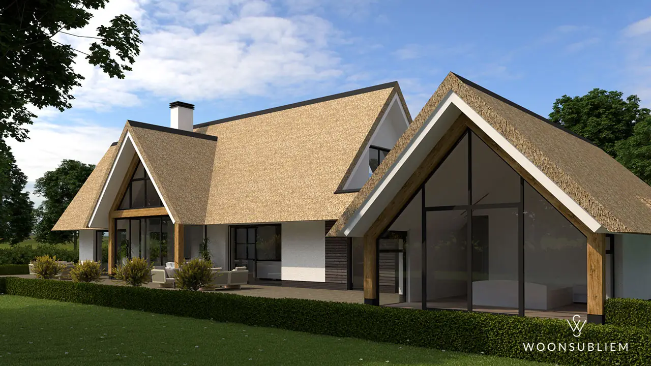 Landhuis realiseren met WoonSubliem – stijlvol en royaal ontwerp met rieten kap, traditioneel metselwerk en een warme, tijdloze uitstraling die perfect opgaat in het landschap