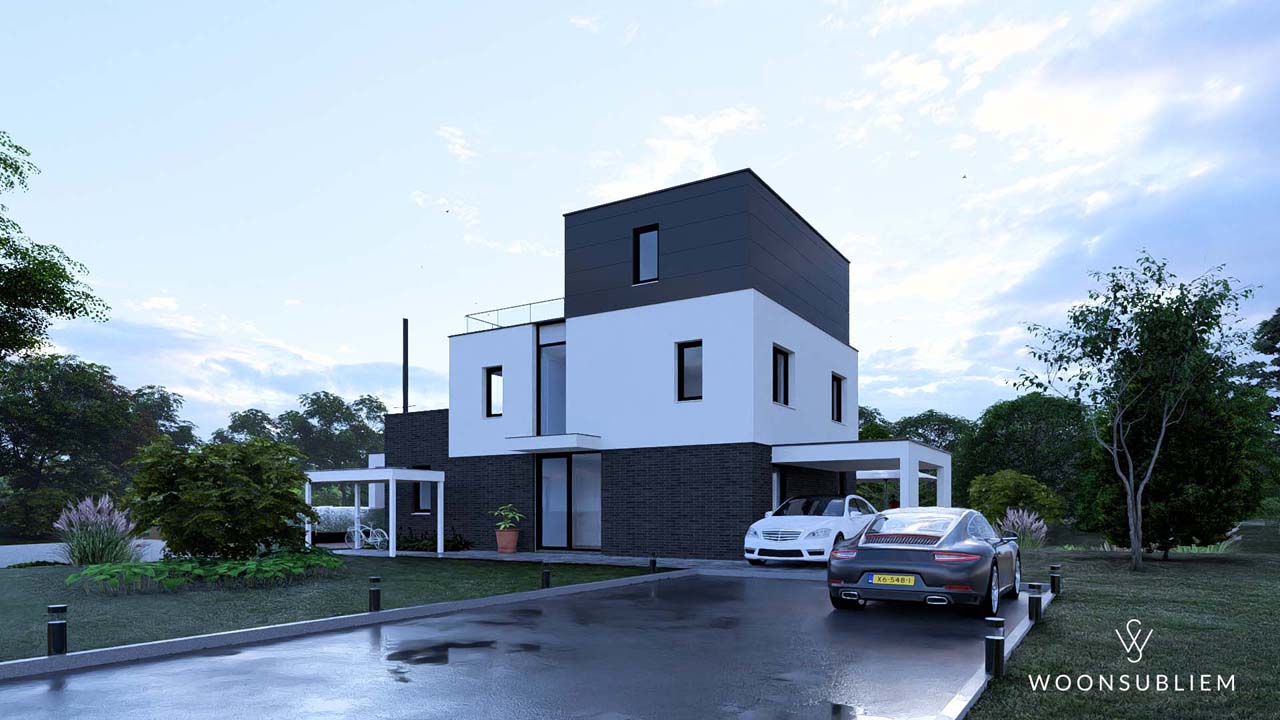 moderne kubistische witte watervilla 172 woonsubliem