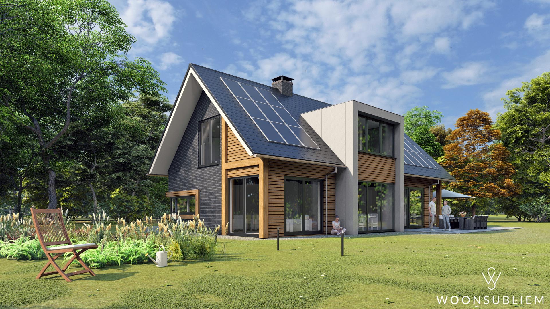 Duurzame moderne landelijke schuurwoning in Loenen Achtergevel van moderne landelijke schuurwoning met zonnepanelen in Loenen