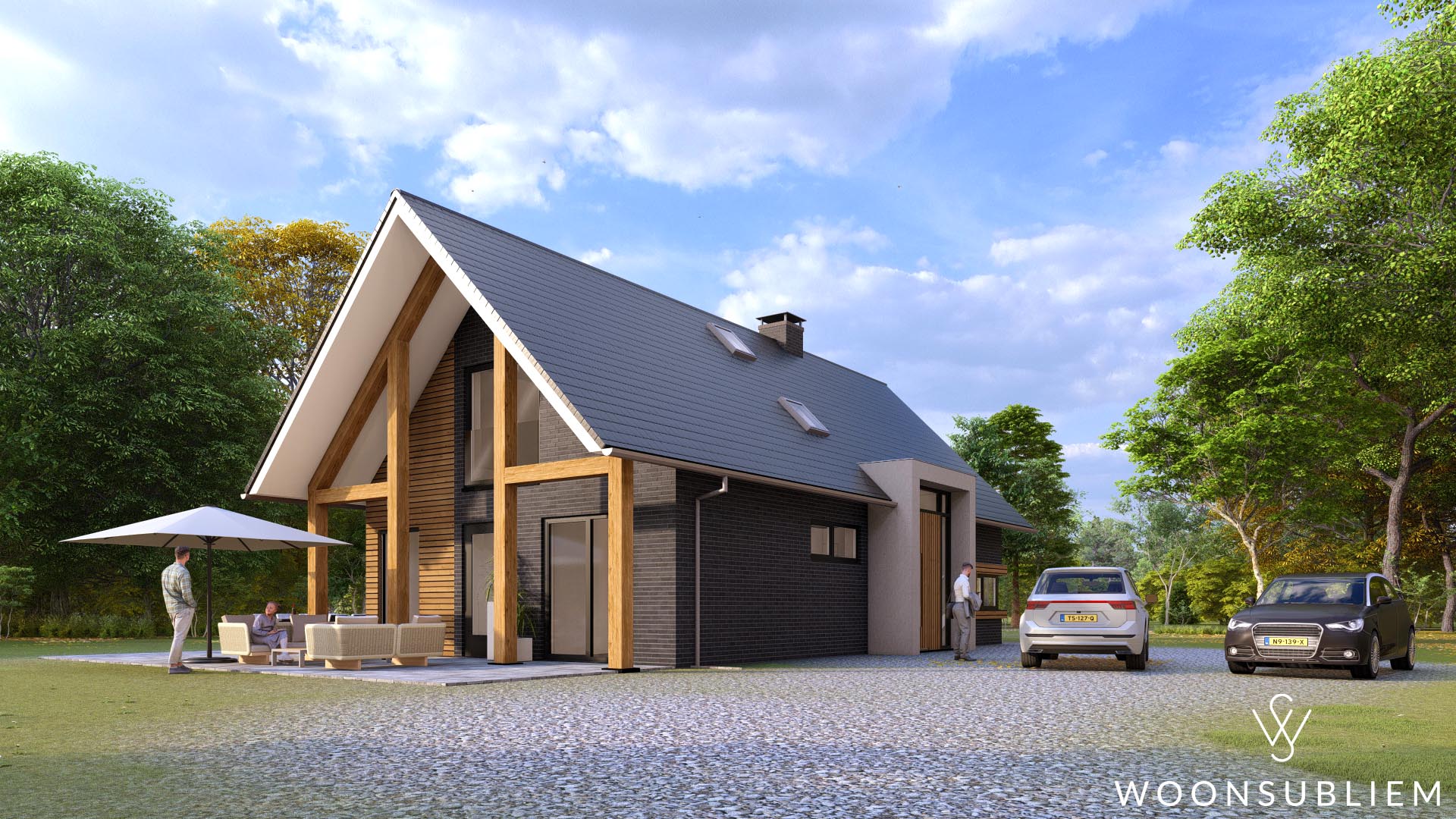 Complete moderne landelijke schuurwoning met ruime tuin Tuinzijde met parkeerplaatsen bij moderne landelijke schuurwoning in Loenen