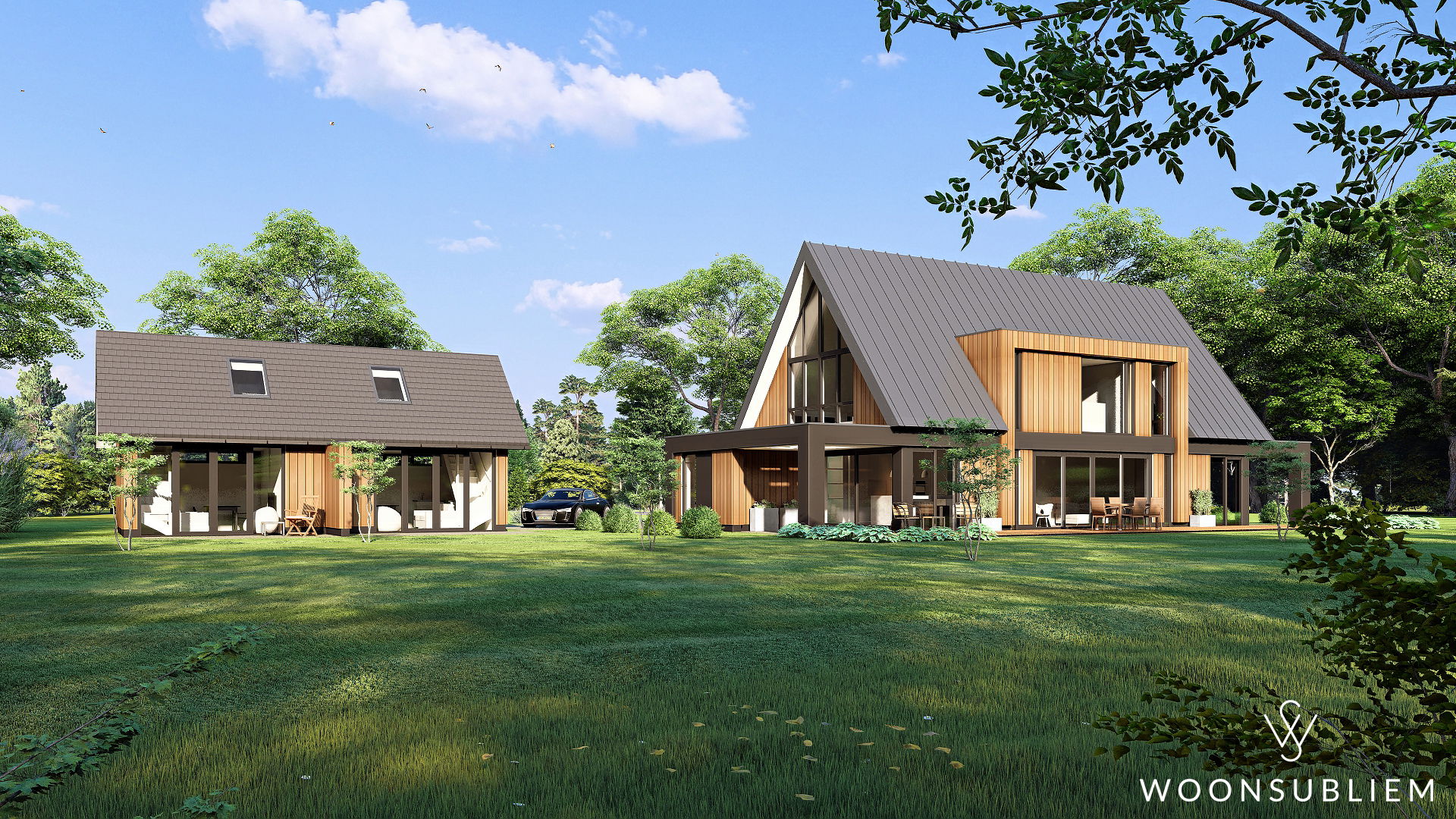 Moderne landelijke villa met bijgebouw en royale glaspartijen Moderne landelijke villa met bijgebouw, staande felsdak en grote glaspartijen aan de tuinzijde.