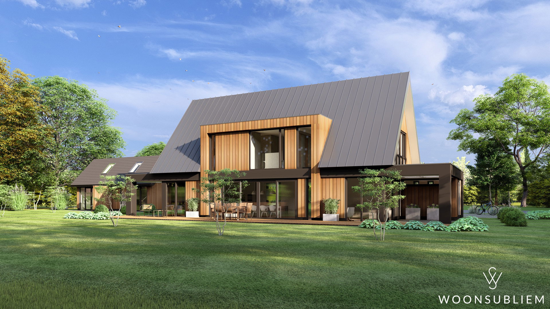Tuinzijde moderne landelijke villa met overdekt terras Tuinzijdige gevel van moderne landelijke villa met verticale houten bekleding en overdekt terras.