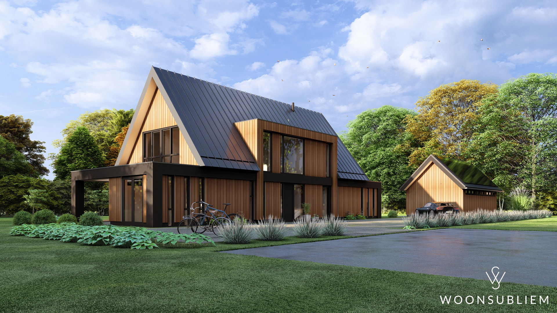Schuin vooraanzicht moderne landelijke villa met houten bekleding Schuin vooraanzicht moderne landelijke villa met strakke daklijn en houten gevelafwerking bekleding