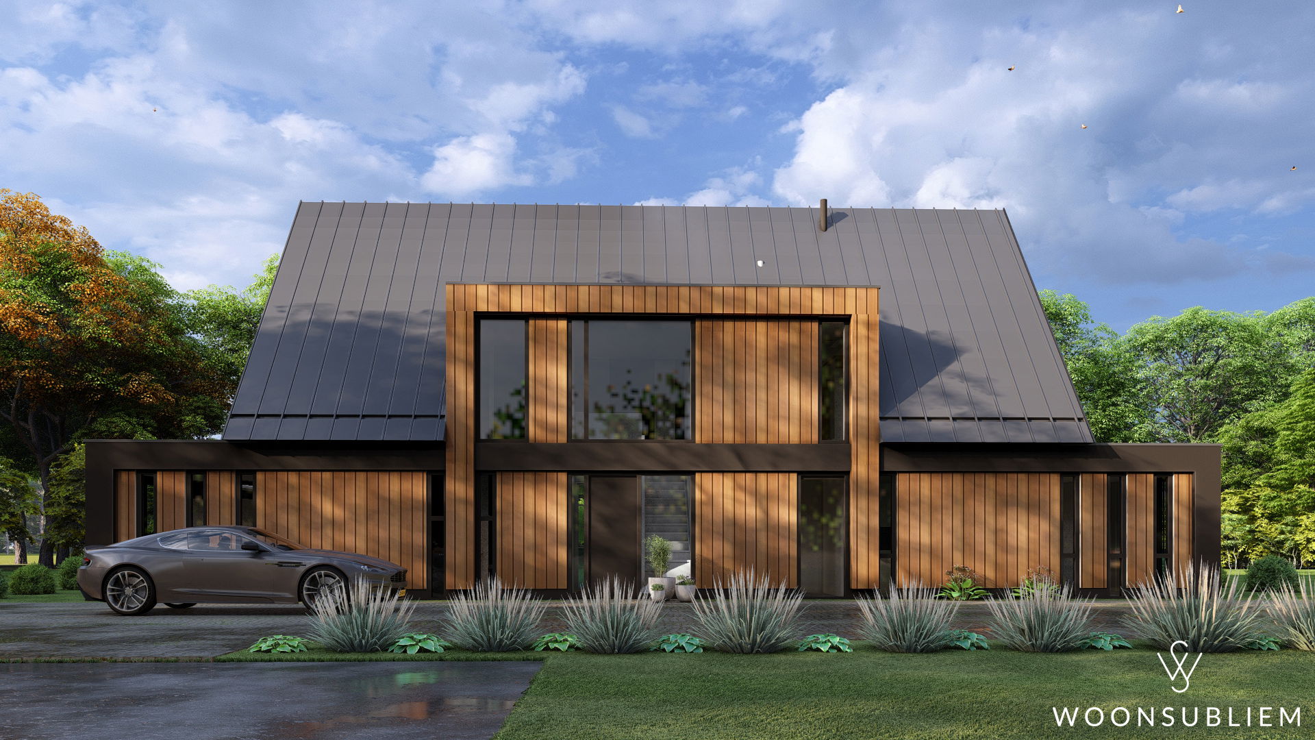 Voorgevel moderne landelijke villa met houten accenten Moderne landelijke villa met staande felsdak en verticale houten gevelbekleding – voorgevel met strakke lijnen.