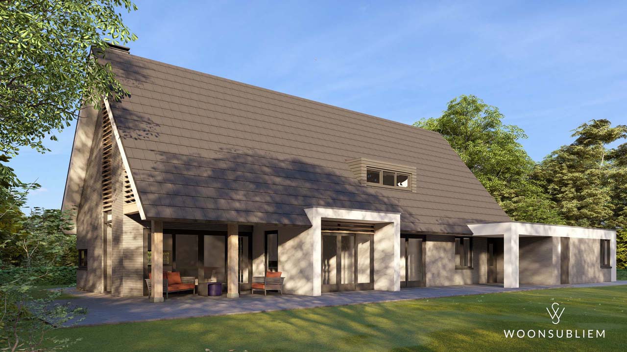 Achterzijde levensloopbestendige woning Nooitgedacht met overkapping Levensloopbestendige woning in Nooitgedacht met ruime tuin en overdekt terras.
