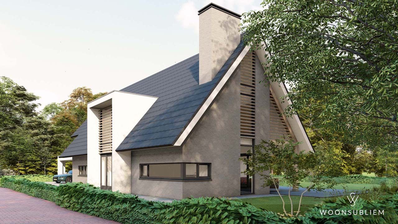 Zijkant levensloopbestendige woning Nooitgedacht met riante kap Zijaanzicht van levensloopbestendige woning in Nooitgedacht met moderne kap en schoorsteen.