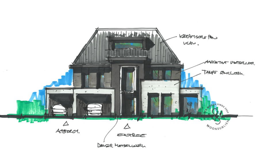 schetsontwerp voorgevel zwart wit villa almere vogelhorst