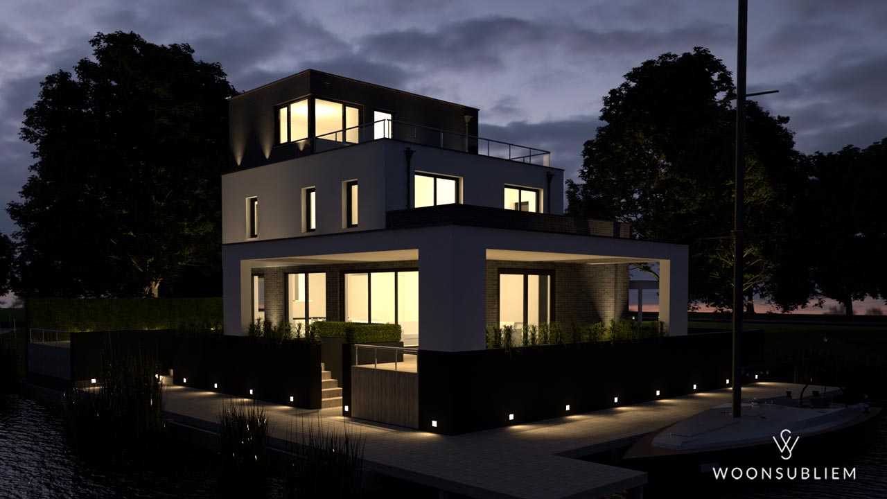 kubistisch villa aan het water in almere by night