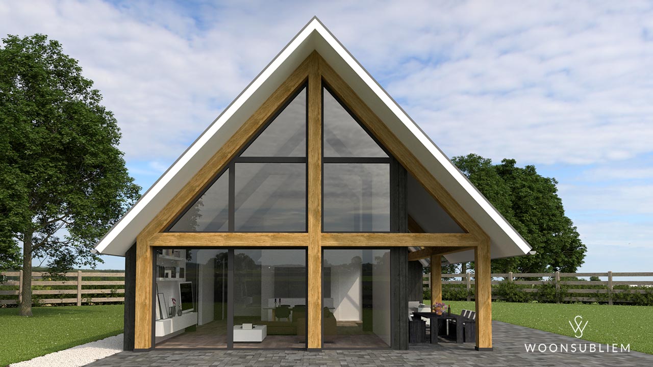 Moderne zwarte schuurwoning met eiken spanten en grote glasgevel in Gaanderen