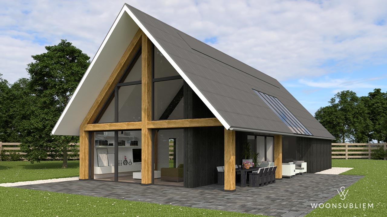 Moderne schuurwoning met zwarte houten gevel en eiken spanten in Gaanderen