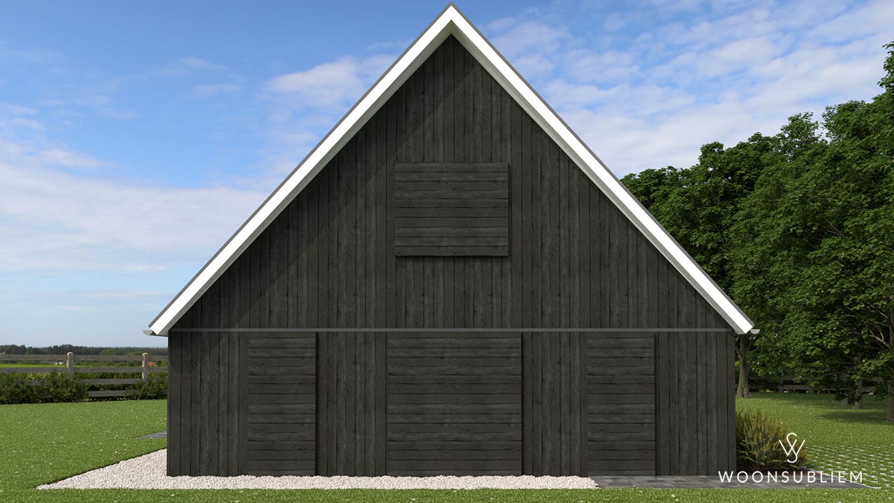 Schuurwoning met gesloten houten luiken aan de voorzijde