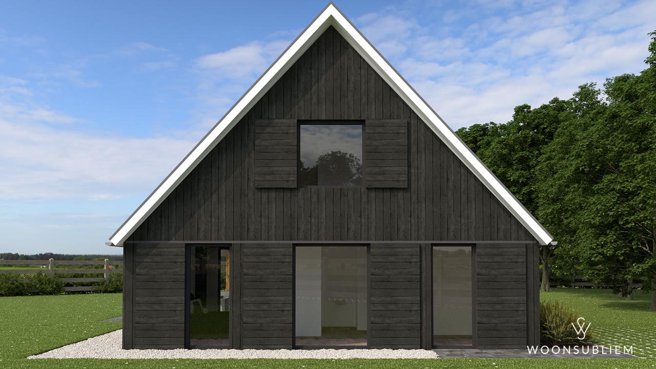 voorrzijde van de schuurwoning met zwarte houten gevelbekleding