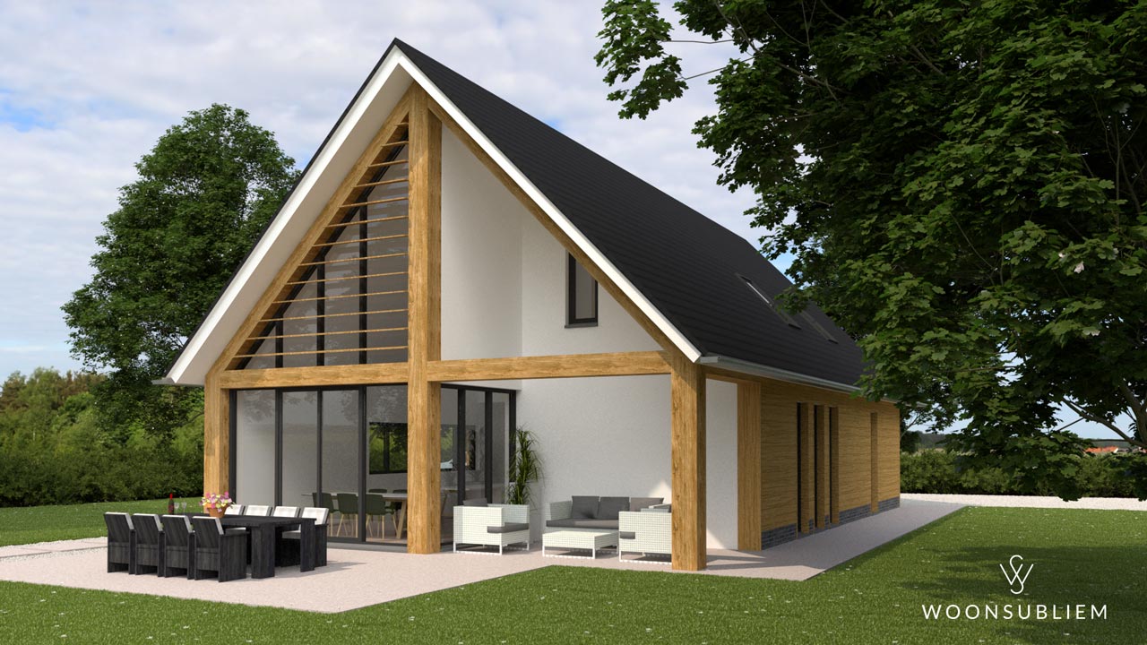 Schuurwoning gelijkvloers in Heesch met houten gevelbekleding en tuinzicht.
