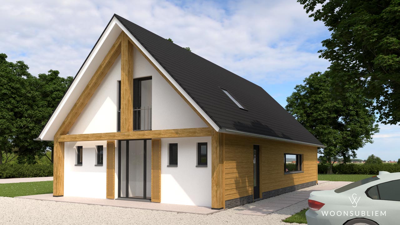 Schuurwoning gelijkvloers in Heesch met houten gebinten en moderne entree.