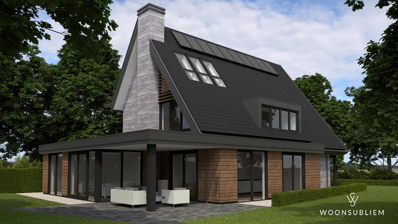 Moderne vrijstaande woning Tynaarlo – rechtsachter aanzicht Achterhoek moderne vrijstaande woning met houten gevelbekleding en grote ramen