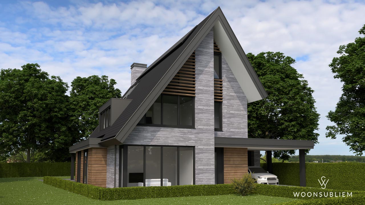 vModerne vrijstaande woning Tynaarlo – voorgevel met asymmetrische kap Vooraanzicht moderne vrijstaande woning met asymmetrische kap en houten accenten in Tynaarlo