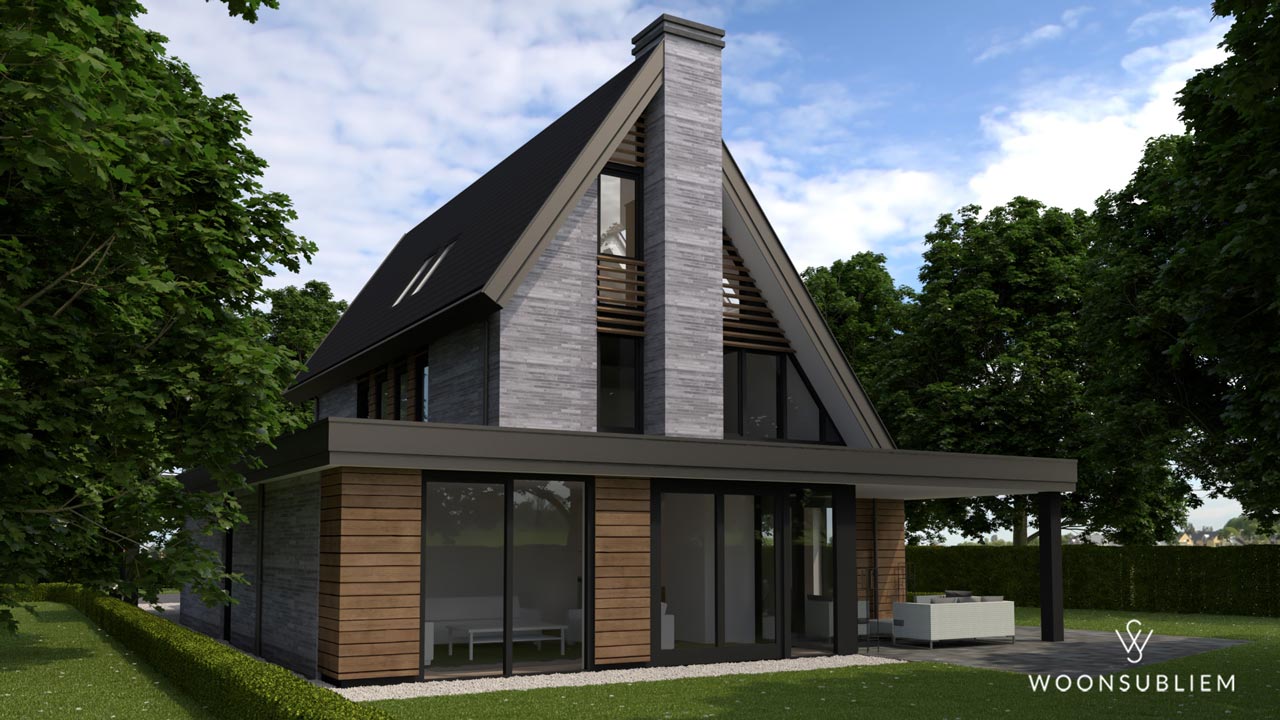 Moderne vrijstaande woning Tynaarlo – tuinzijde met royale glaspartijen Achterzijde moderne vrijstaande woning met grote glaspuien en terrasoverkapping