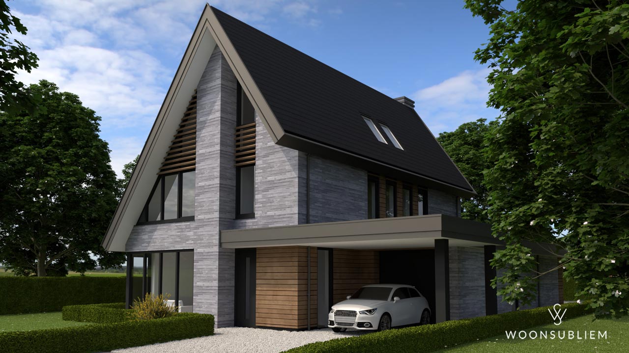 Moderne vrijstaande woning Tynaarlo – entree met carport Voorkant moderne vrijstaande woning met geïntegreerde carport en strakke lijnen