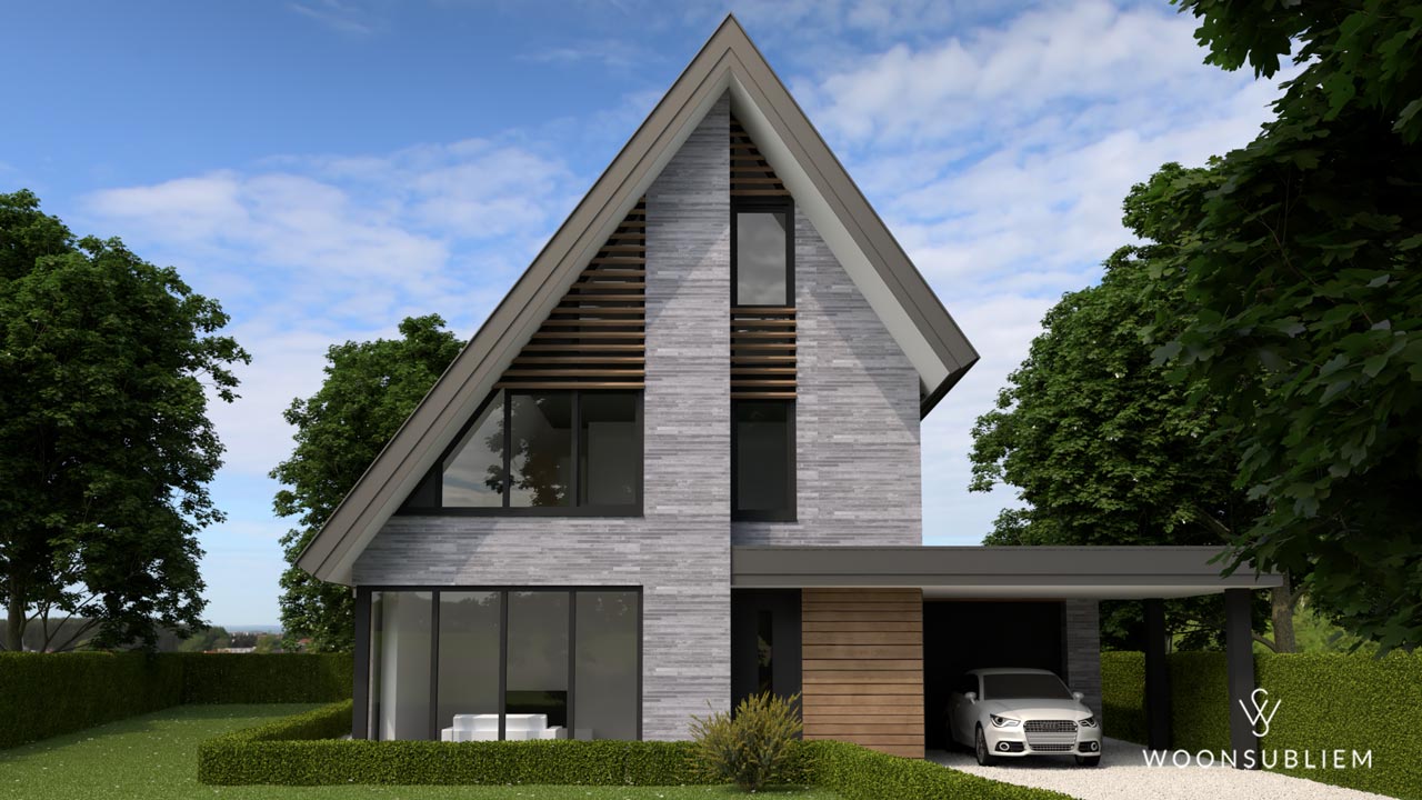 Moderne vrijstaande woning Tynaarlo – voorgevel met asymmetrische kap Vooraanzicht moderne vrijstaande woning met asymmetrische kap en houten accenten in Tynaarlo