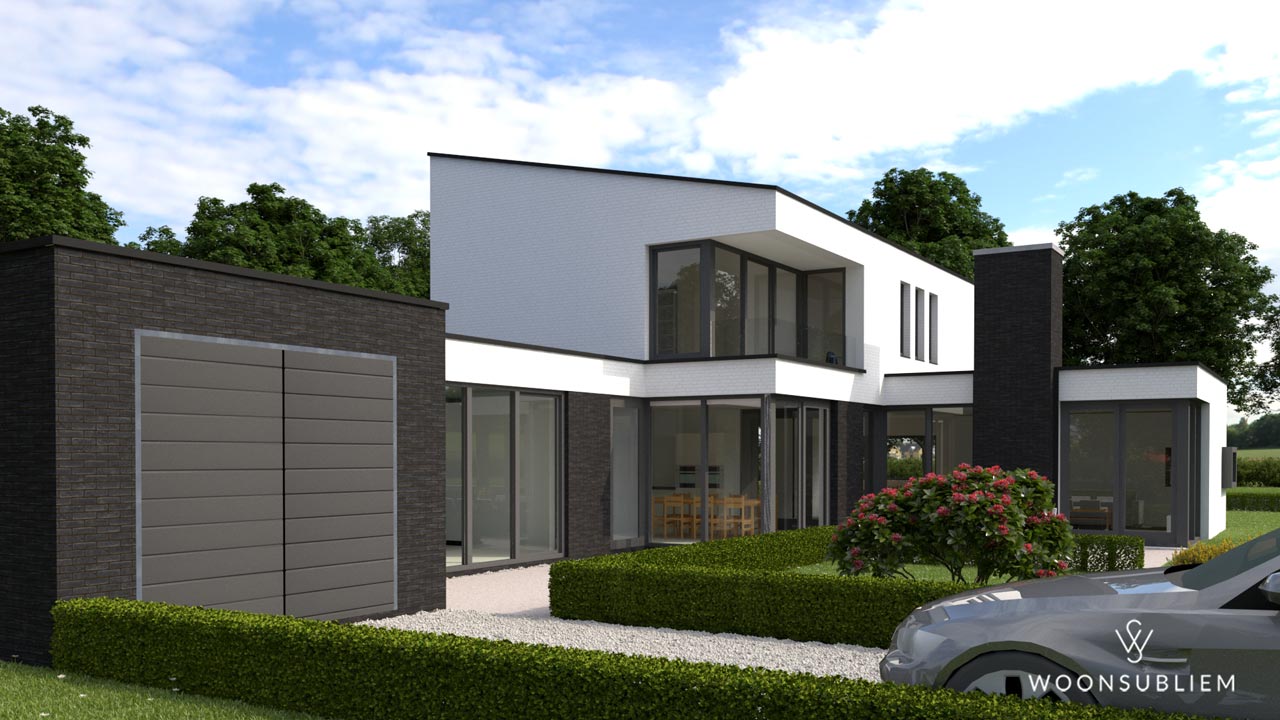 Zijaanzicht moderne villa Voorhout met zwarte kozijnen en grote glaspartijen
