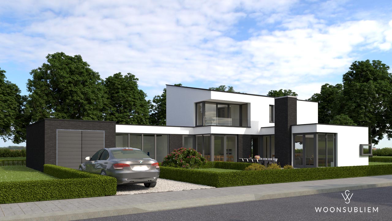 Hoekaanzicht moderne villa Voorhout met witte gevel en kubistische vormen