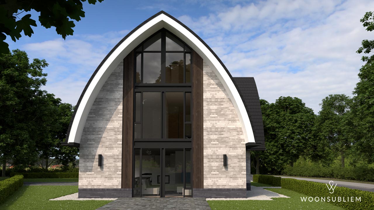 Villa met toogdak, metselwerk en grote raampartijen in Blaricum, moderne uitstraling.