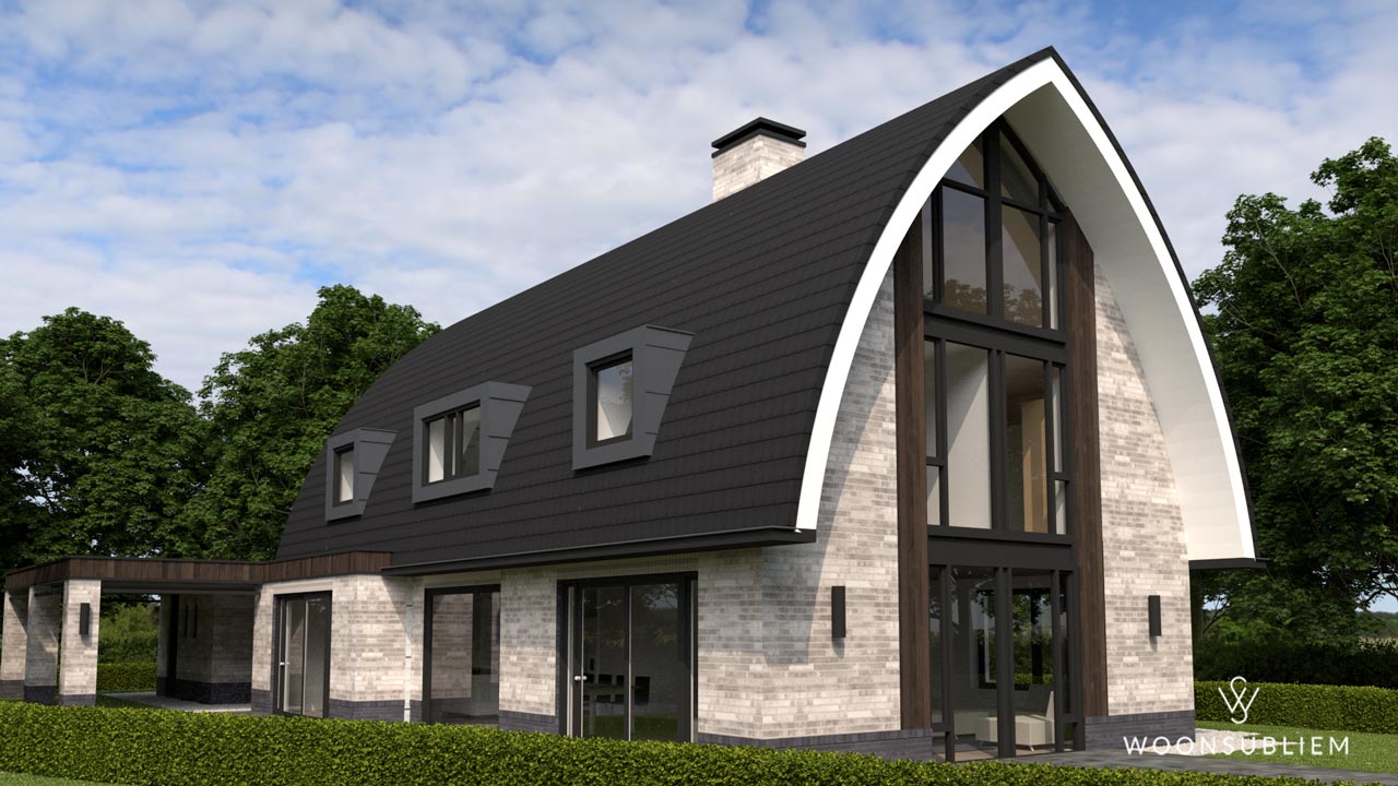 Moderne villa met toogdak, veranda en metselwerk in Blaricum.