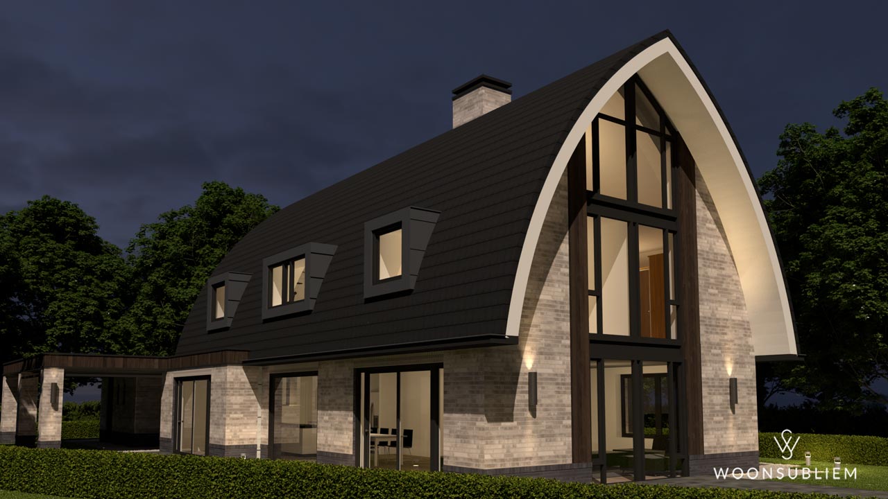 Avondimpressie van moderne villa met toogdak en veranda in Blaricum.