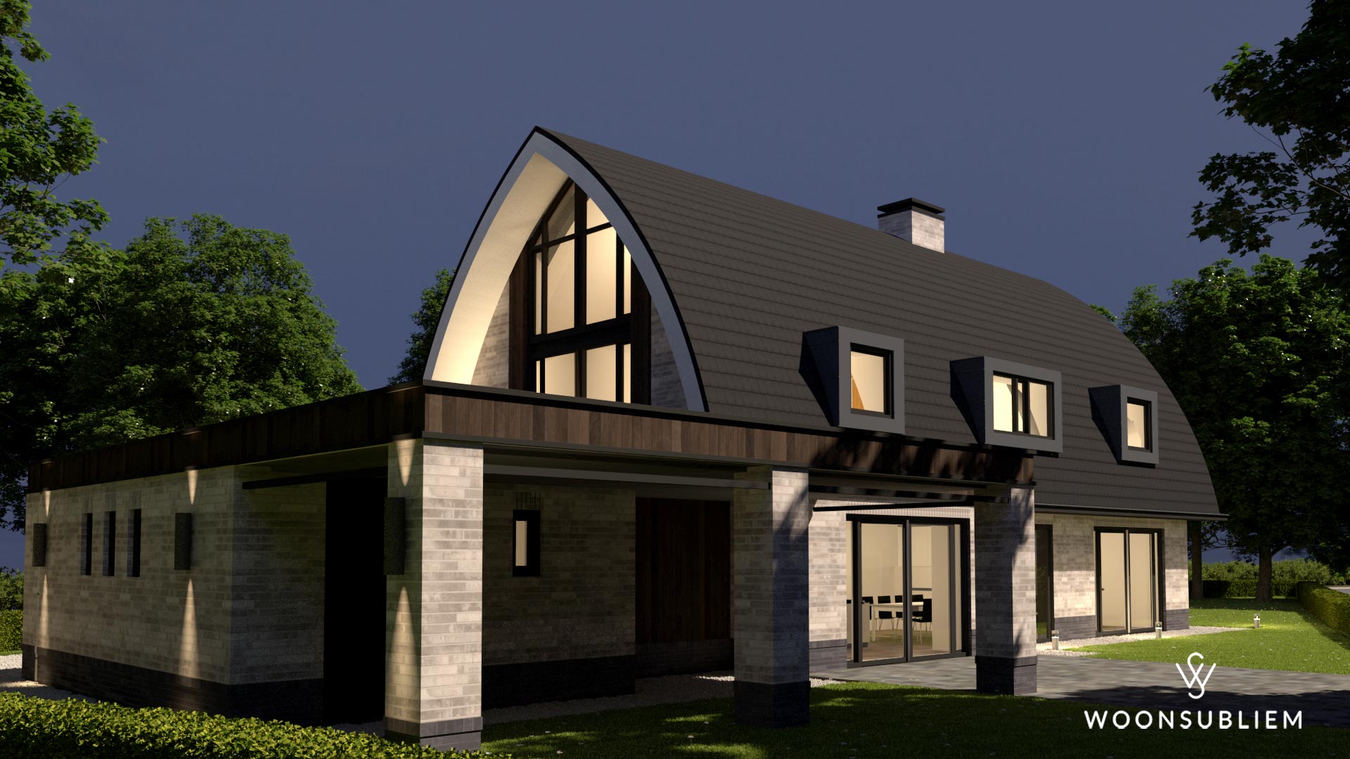 Luxe villa met toogdak en avondverlichting in Blaricu