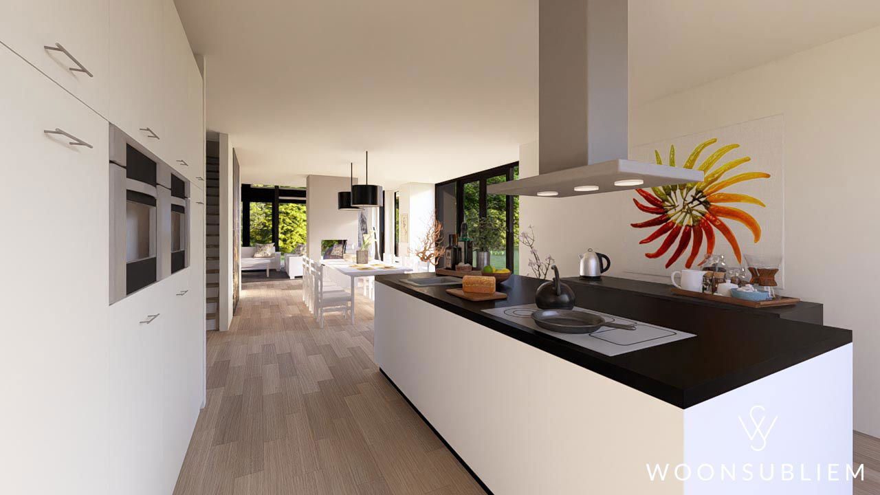 Moderne keuken witte schuurwoning met kookeiland en designinrichting