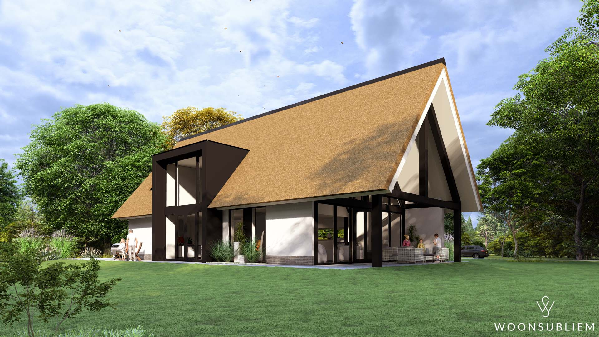 Moderne witte schuurwoning met rietenkap en ruim terras ontworpen door WoonSubliem