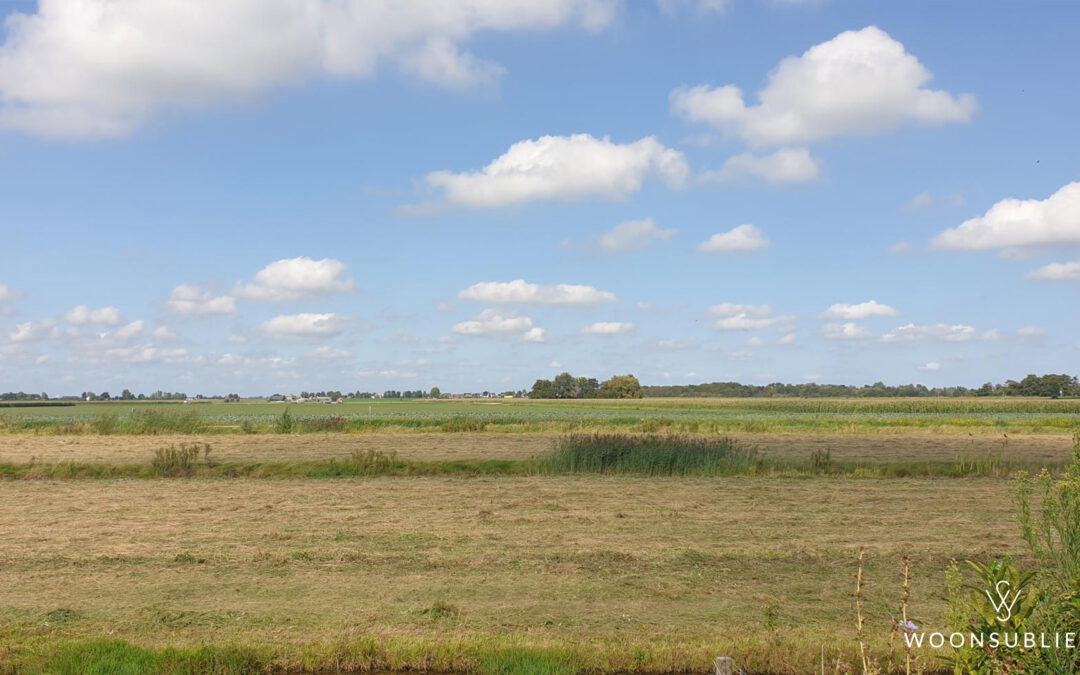 Uitzicht over uitgestrekte Nederlandse weilanden onder een blauwe lucht met wolken, ideale locatie voor een landelijke schuurwoning.