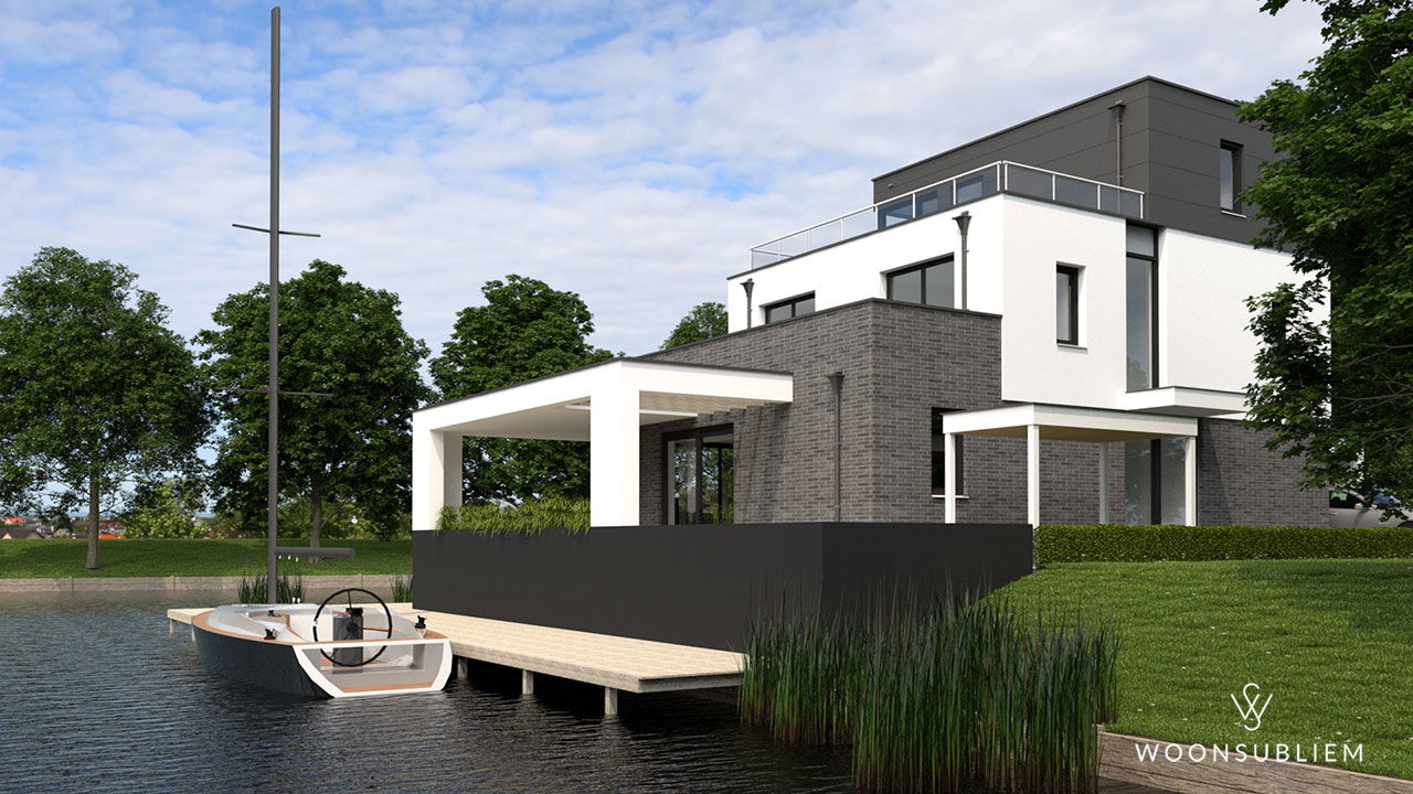 moderne villa grijs met wit kubus veranda aanlegsteiger